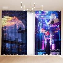 2 panel Cyberpunk Anime City View Curtains for Bedroom Living Room Floor-to-ceiling Window Kitchen Blinds cortinas Drapes Rideau Small(W50H50cm)-2&Rod Pocket blue
