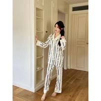 Spring and Autumn New Herringbone Ice and Snow Silk Long-sleeved Trousers Pajama Set M beige