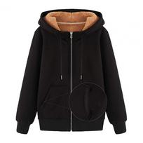 Women Hoodie Solid Color Zipper Autumn Winter Thicken Warm Sweatshirt for Office XL juoda