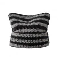 Winter Ladies Hat Kitty Head Contrast Color Striped Star Fur Ball Decor Demon Cap Windproof Elastic Anti-slip Warm Headwear pilka