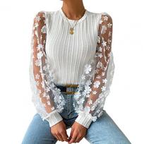 Women Shirt See-through Mesh Flower Applique Round Neck Long Sleeve Solid Color Pullovern Soft Patchwork Twist Texture OL Commut XL balta