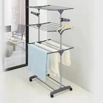 Drying Clothes Rack Folding Multi Functional Stainless Steel 3-Layer Household Floor Type Drying Racks Mobile Coat Storage Shelf pilka spalva
