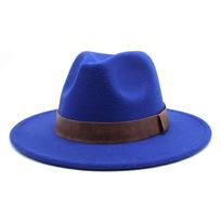 Leather Hat With British Woolen Jazz Top Hat Men'S And Women'S Big Eaves Hat Fashion Flat Hat M（56-58cm） mėlyna