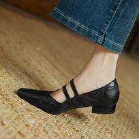 Krazing Pot Sheepskin Fashion Summer Spring Autumn Buckle Straps Women Square Toe Low Heels Pumps 35 juoda