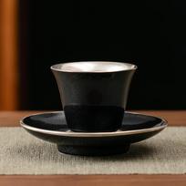 50ml Balck Tianmu Glazed Ceramic Teacup 999 Gilded Silver Master Cup Tasting Personal Tea Bowl With Saucer Kit Chazhan Mug Gifts