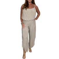 Women Slip Jumpsuit Wide Leg Backless Sleeveless Vest Type Collarless Elastic Waist Daily M chaki