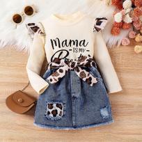 Children's Fashion Suit Girls' Casual Jacket Spliced Leopard Print Flying Sleeve Jeans Ripped Skirt Belt Three-piece Set 4Y abrikosas