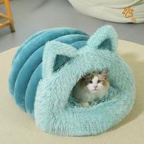 Cat Kennel Plush Cat Ears Big Scarf Pet Nest Pet Supplies Four Seasons Universal Thickened Style Plush Pet Nest - Blue