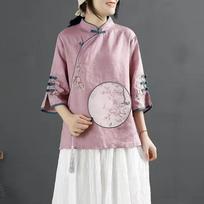 Chinese Style Retro Cotton and Linen Shirt Women's Spring and Summer Chinese Style Stand-up Collar Button-up Top Oblique Lapel Embroidered Tea Dress XS