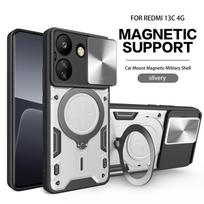 Dėklas Xiaomi Redmi 13C, atsparus smūgiams, su žiedu, laikikliu, slankiojančiu kameros apsauginiu dangteliu, Dėklas Xiaomi Redmi 13C 13 C Redmi13C 4G galinis dangtelis For Redmi 13C sidabras