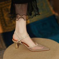 French Retro~ Mesh Yarn Is Huge And Breathable! Pointed One-Word Sandals Women'S Summer Versatile Stilettos 34 abrikosas