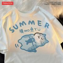 Fishing Little Cat Beautiful Short Fun Unisex Style Summer Short Sleeved T-shirt Men Women Cat Blue Floating Trendy Cotton Tee S smėlis