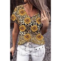 Summer Sunflower Leopard Floral 3D Print T Shirts Women V-Neck Short Sleeve T Shirt Harajuku Oversized Tees Tops Woman Clothing S