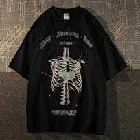 Fashion Gothic Man's T-Shirt Grunge Aesthetic Goth Skeleton Print T Shirt Dark Streetwear Graphic Tee Unisex Oversized Tops M smėlis