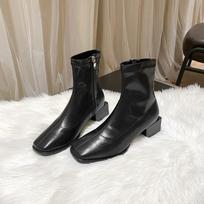 Huge comfort! Korean niche design square head thick heel short boots women's middle heel British elastic boots thin boots bare boots women 34