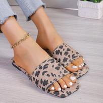 European and American Trend Leopard Print Slippers 2024 Summer New Square Toe Flat Bottomed Versatile One Line Daily Slippers 36 pilka