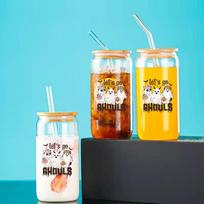 Cute Halloween Ghost Printed 16oz Glass Cup Mason Can Water Bottles With Bamboo Lid&Straw Drinking Glass Cup Halloween Gifts 1pc white