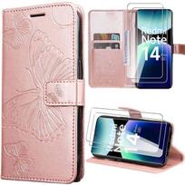 Case for Xiaomi Redmi Note 14 Pro Plus 5G/Note 14 Pro+ 5G, Pink Leather Effect Butterfly Pattern + 2 Tempered Glasses