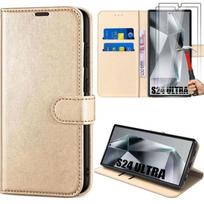Coque pour Samsung Galaxy S24 Ultra avec 2 Verres Trempés, Effet Cuir Antichoc Intégral Flip Doré