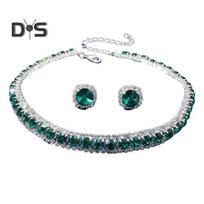 2Pcs/Set Women Jewelry Set Shiny Rhinestone Inlaid Adjustable Length Necklace Stud Earrings Set Wedding Accessories žalia