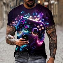 Men's T-Shirt Artistic Color Entertainment Game Controller Pattern Splicing 3D Printed Casual Short Sleeved Fashionable Clothes S