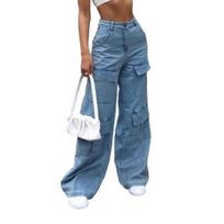 Women Jeans High Waist Button Zipper Fly Straight Wide Leg Denim XS šviesiai mėlyna spalva