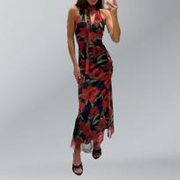 New Style New Big Rose Pattern One-piece Ruffle One-shoulder Off-shoulder Dress S