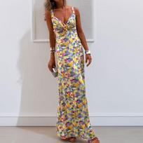 New Spring Printed V-neck Slim Suspender Long Dress S