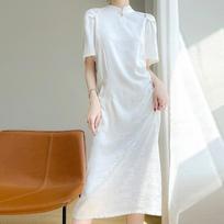 Chinese Style Modified Cheongsam Dress for Women Acetic Acid Satin Slit Mid-length Skirt Retro Style Stand Collar Cheongsam Skirt M balta