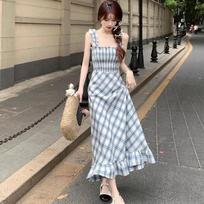 Sweet and Gentle Wind Plaid Suspender Dress Women's Summer New Retro Sleeveless Waist Coffee Break Medium and Long Dress S
