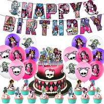 30 vnt „Monster High“ teminių vakarėlių dekoracijų, kurias sudaro reklamjuostės torto viršaus balionai pink