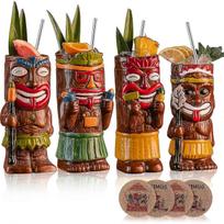 4 Set Exotic Cocktail Tiki Mugs for Tropical Party Bar, Colorful Ceramic Drinkware, 16 oz Capacity, Durable Design