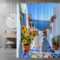 Mediterranean Street Shower Curtain Blue White Villa Sea View Sunflowers Greek Style Bathroom Decor Waterproof Quick Setup W60H190(CM)-1 Pcs