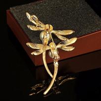 Creative Jewelry Women's Double Dragonfly Pin Brooch Insect Alloy Pearl Rhinestone Brooch beige