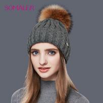 SOMALER natūralaus meškėno kailio kepurė Moteriška šilta vilna moteriška kepurė Twist tipo megztos mergaičių žieminės kepurės skullies Beanies tamsiai pilka spalva