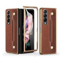 Apsaugantis nuo pirštų antspaudų Odinis Apyrankės Dėklas Samsung Galaxy Z Fold4 Fold 4 Fold3 Fold2 Fold 3 2 Telefonams su Grūdinto Stiklo Plėvele for Samsung Z Fold 2 mėlyna