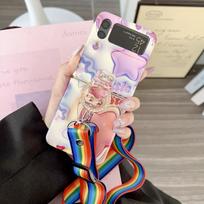 Luxury Blue -Ray 3d Print Cute Rabbit Little Star Phone Case For Samsung Galaxy Z Flip 3 4 5g Back Cover With Crossbody Lanyard For Samsung Z Flip 4 gray