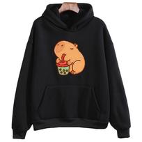 Capybara Drink Bubble Tea Hoodie Kawaii Animal Cartoon Graphic Sweatshirt Women/Men Long Sleeve Hooded Tops Harajuku Couple Girl L beige