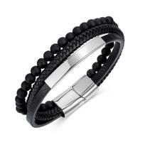 OPK Fashion Titanium Steel Magnetic Buckle Retro Men's Multi-layer Woven Leather Bracelet juoda/balta