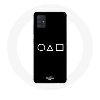 Coque Samsung Galaxy A51 Squid Game logo symboles cercle carre triangle Fond Noir juoda