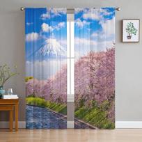 Fudžio kalno Sakura kraštovaizdis Modernios tiulio užuolaidos svetainei, miegamajam, namų virtuvės langui, permatomos užuolaidos 135W x 114H(cm) gray
