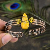 Natural Bumblebee Jasper Gemstone Copper Wire Wrap Cuff Bangle Adjustable k8c35 yellow