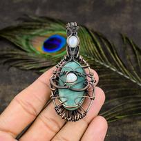 Natural Amazonite, Moonstone Gemstone Copper Wire Wrap Pendant 3.31  i2h52 gray