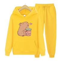 Vyriškas sportinis kostiumas Kawaii Bubble Tea Capybara Hoodie Moteriški Vyriški estetiniai grafiniai gobtuvų rinkinys Unisex Harajuku megztiniai megztiniai S beige