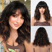 EASIHAIR Juodos spalvos mišrios rudos spalvos akcentai perukai su kirpčiukais Short Bob sintetinis perukas moterims Natural Wave garbanotas perukas, atsparus karščiui brown