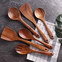 6 medinių nepridegančių serviravimo ir virimo šaukštų virtuvės įrankių rinkinys