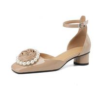 Cow Leather Square Toe Med Heels Autumn Summer Ankle Straps Pearl Beading Flowers Decorations Women Shallow Sandals 34 kūdikio rožinė spalva