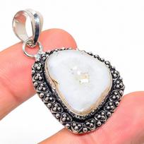 Natural Agate Geode Slice Gemstone 925 Sterling Silver Pendant 1.89  d5u40