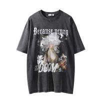 Figure Printed Short Sleeved T-shirt for Men's Summer Ins American Street Loose Round Neck Washed Old T-shirt M