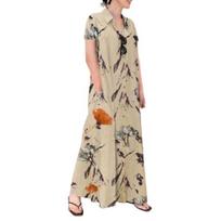 Women Dress A-line Lapel Loose Printing Shirt Sleeves Type Short Floral Button-down with Side Pockets Ankle Length Long M abrikosas